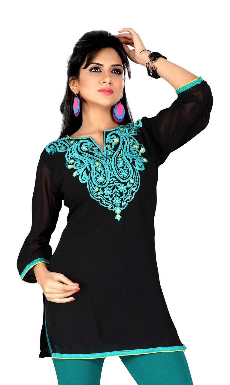 Buy Black Rayon Kurti With Lace Work Online - Aurelia